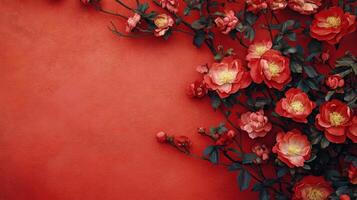 Vibrant red peonies against a vivid backdrop celebrating traditional festivities in springtime photo