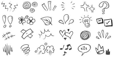 Doodle set of hand-drawn cartoony expression sign doodle, curve directional arrows, emoticon effects design elements, cartoon character emotion symbols, cute decorative brush stroke lines. vector