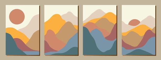 Set of creative abstract mountain landscape and mountain range backgrounds.Mid century modern illustrations with hand drawn mountains,sea or lake,sky,sun and moon.Trendy vector