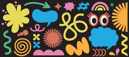 Abstract cloud and flower shapes sticker pack. Groovy funky flower, bubble, star, loop, waves in trendy retro 90s 00s cartoon style. illustration with wavy and spiral elements vector