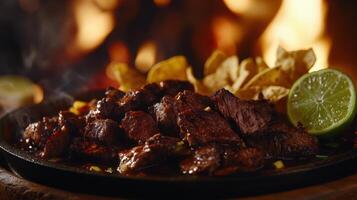 Grilled steak served with lime and tortilla chips by a warm campfire at dusk photo