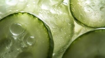 Fresh cucumber slices soaked in water with bubbles, creating a refreshing beverage effect photo