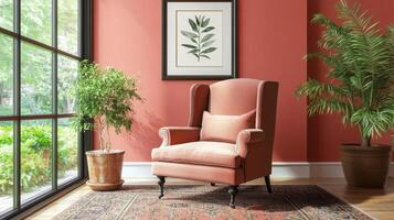 Cozy corner with a white wingback chair and a potted plant in a sunlit room photo