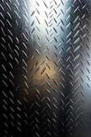 Close-up view of textured metal sheet with diamond pattern and reflective surface photo