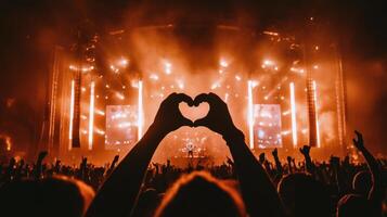Fans creating a heart shape with hands at a lively concert in a packed arena photo