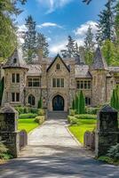 Stunning mansion with stone facade and lush gardens in a wooded setting photo