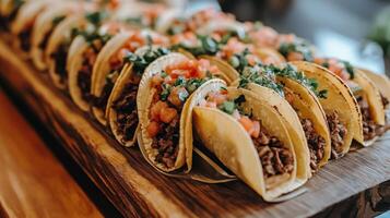 Delicious tacos filled with fresh ingredients served on a wooden platter outdoors photo