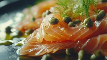 Fresh salmon slices drizzled with olive oil and garnished with herbs in a culinary setting photo