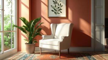 Cozy corner with a white wingback chair and a potted plant in a sunlit room photo