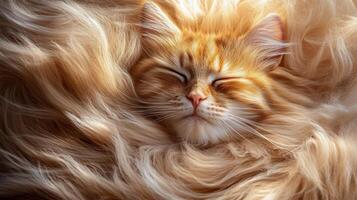 A fluffy ginger cat peacefully sleeping in a cozy nest of its own fur at daytime photo