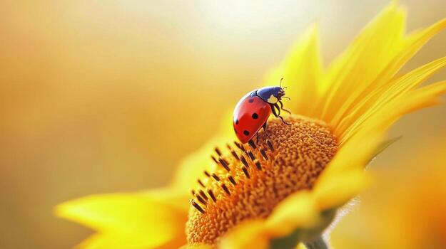 A ladybug exploring a vibrant sunflower in a sunlit garden during summer photo