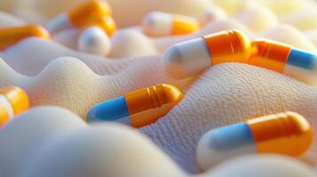 Colorful assortment of capsules and tablets on a textured surface in a close-up display photo
