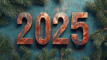 New Year's celebration 2025 symbolized by vintage numbers surrounded by evergreen branches photo