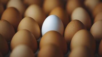 Unique white egg surrounded by brown eggs in a natural setting showcasing diversity in color photo