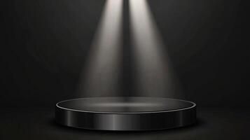 A darkened performance stage with focused overhead lights highlighting a circular platform photo