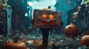 Festive pumpkin display with a cheerful carved sign in a spooky autumn setting photo