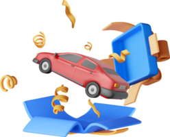 3D car flies out of gift box in confetti png