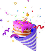 3D cake with candle and popper with confetti png
