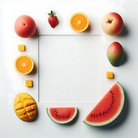 Watermelon, Mango, and Orange Slices Arranged in a Square on a White Background photo