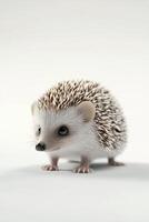 Cute hedgehog standing on a white surface with a curious expression and soft lighting photo