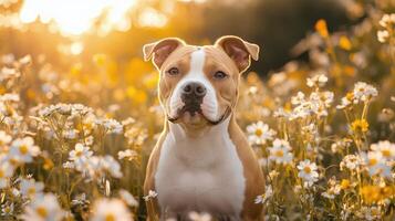A friendly dog sits calmly in a vibrant field of wildflowers during a golden sunset photo
