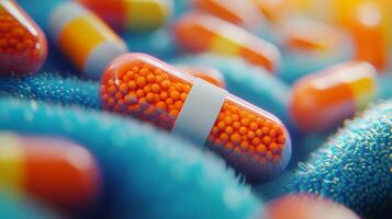 Colorful capsules sprinkled over a soft, wavy fabric background during a bright and calm day photo