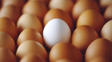 Unique white egg surrounded by brown eggs in a natural setting showcasing diversity in color photo