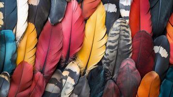 Colorful feathers with intricate patterns showcasing nature's beauty in close-up detail photo