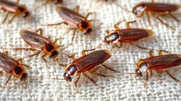 Close-up view of various cockroaches crawling on a textured surface in a well-lit environment photo