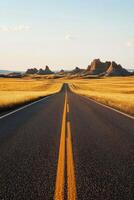 A long road stretches through golden grasslands towards distant rock formations at sunset photo