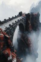 Ancient stone bridge surrounded by mist and vibrant red foliage in a mystical landscape photo