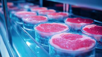 Freshly cut steaks displayed in a refrigerated case at a modern butcher shop in the evening photo