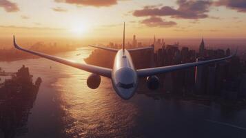 Aerial view of a commercial airplane flying over a city skyline during sunset photo
