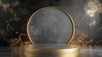 Elegant golden circular display stand on a textured dark background, ideal for showcase events photo