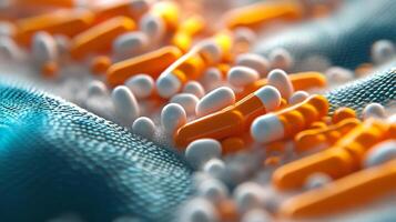 Colorful assortment of capsules and tablets on a textured surface in a close-up display photo
