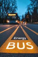 View of the energy bus lane signage with bus approaching on a sunny afternoon in a city photo