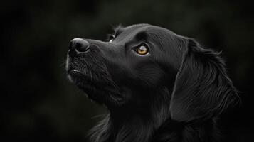 A beautiful black dog gazing thoughtfully against a dark background in soft light photo
