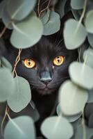 A curious black cat peering through lush green leaves in a serene outdoor setting photo