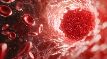 3d realistic rendering, illustration of a thrombus blocking red blood cells in an artery, emphasizing the medical and biological. photo