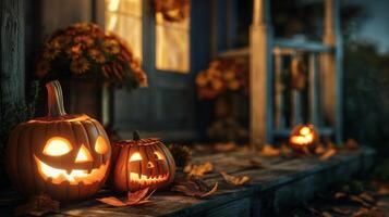 a group of pumpkins sitting on a wooden porch in front of a house. There are also two bales of hay and a plant with yellow flowers. The scene suggests fall decor, possibly in preparation for Halloween photo