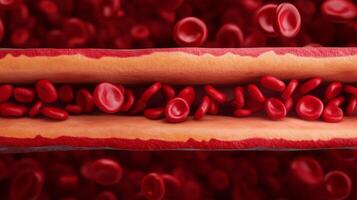 3d realistic rendering, illustration of a thrombus blocking red blood cells in an artery, emphasizing the medical and biological. photo