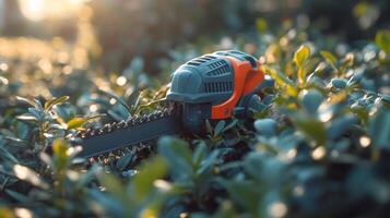 Cutting through lush green foliage with a hedge trimmer in the late afternoon sun photo