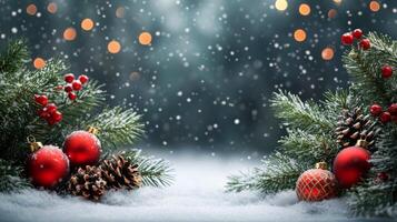 Festive Christmas arrangement with ornaments and pinecones on dark textured surface photo