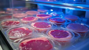 Freshly cut steaks displayed in a refrigerated case at a modern butcher shop in the evening photo