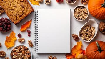 Autumn gathering with pumpkins, homemade treats, and a blank notebook for seasonal recipes photo
