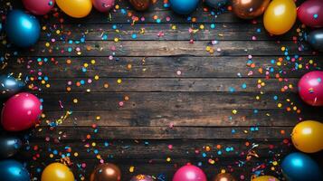 Colorful balloons and confetti arranged on a wooden table for a festive celebration photo