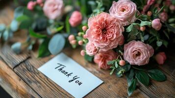Thank you card featuring floral design hanging on a branch in a natural setting photo