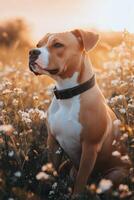 A beautiful dog enjoying a sunny day in a flower-filled meadow during golden hour photo