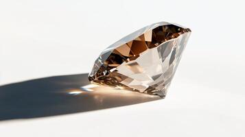 Sparkling brown diamond gemstone casting a shadow on a white background under natural light photo