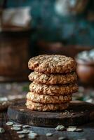 Freshly baked oatmeal cookies stacked on a wooden board in a rustic kitchen photo